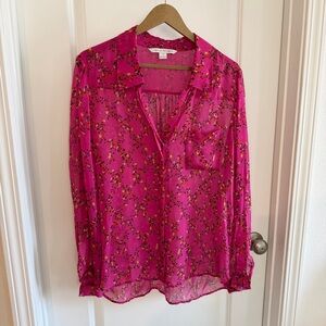 Diane Von Furstenberg Silk Blouse sz 14 Pink Floral Sheer Lorelei Button Up Chic